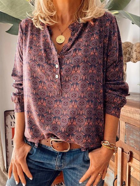 Casual Retro Cuello Pico Floral Estampado Blusa