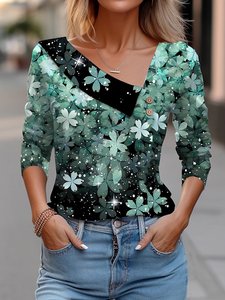 Image of Casual Floral Cuello Pico Manga Larga Camiseta