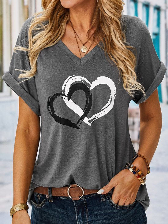 Cuello Pico Casual Corazón/Cordado Manga Corta Camiseta