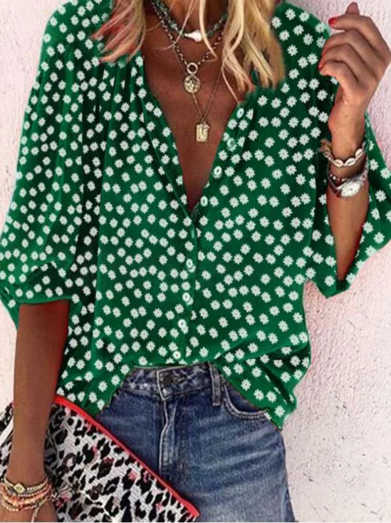 De Manga 3/4 Bohémico Floral Estampado Cuello Pico Talla Grande Casual Top