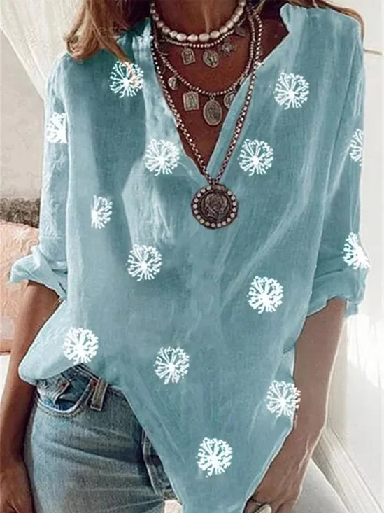 Retro Cuello Pico Diente De León Estampado Talla Grande Casual Top
