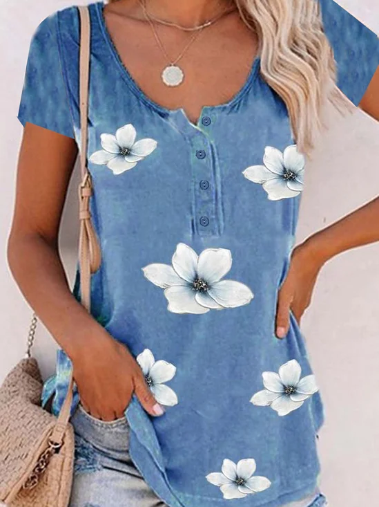 Floral Casual Escote Redondo Aflojar Botón Manga Corta Camiseta