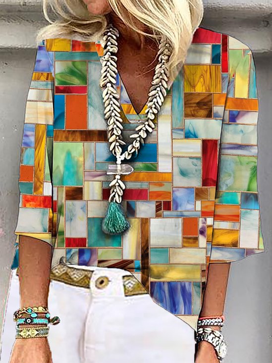 Casual Mujer Multicolor Geométrico Cuello Pico Camisa