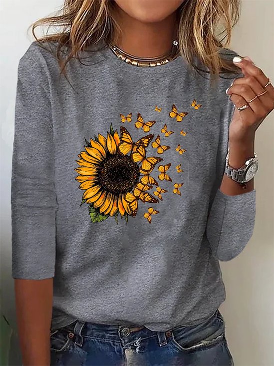 girasol Manga Larga Escote Redondo T-Camisa