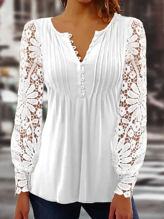 Casual Elegante Verano Mujer Blanco Encaje Camisa