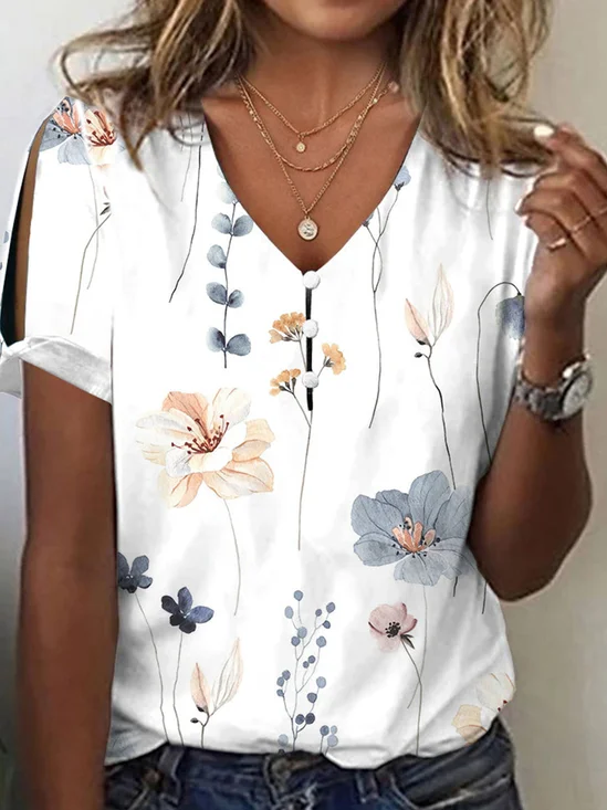 Casual Jersey Cuello Pico Floral Camisa