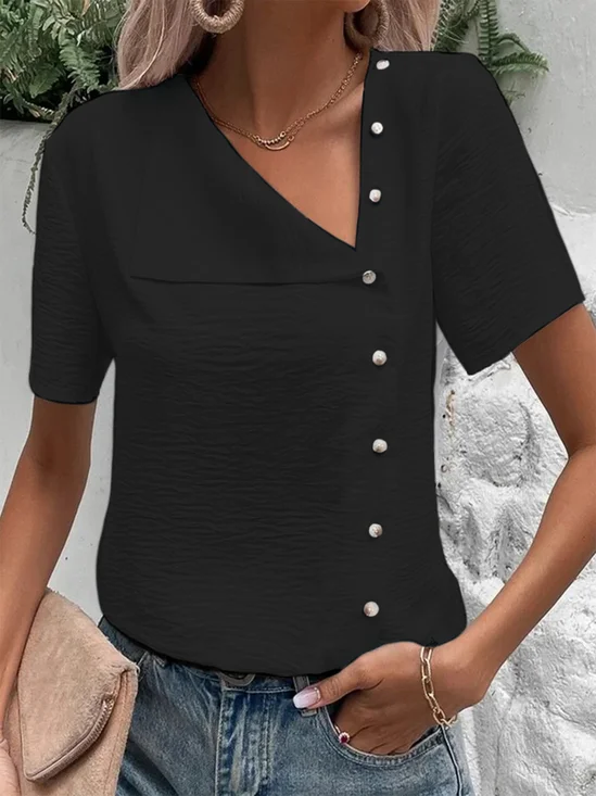 Liso Manga Corta Hebilla Casual Blusa