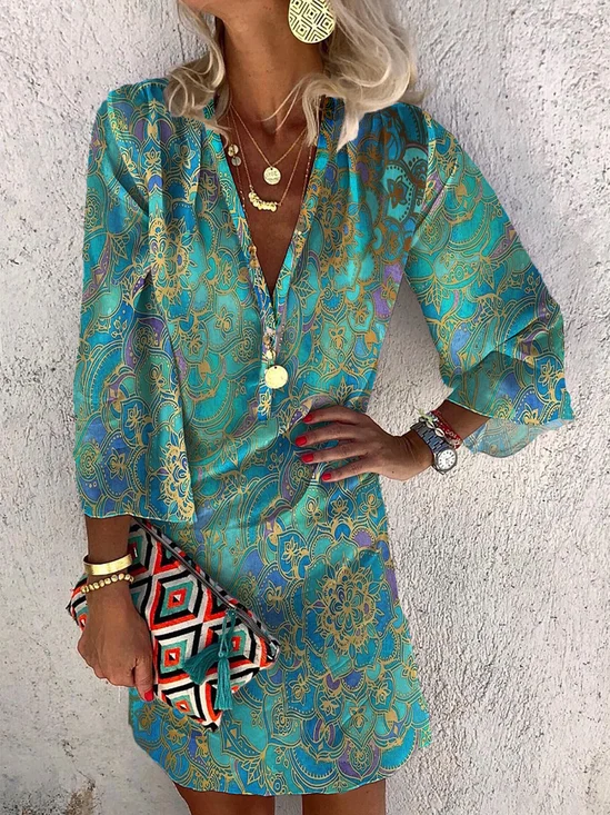Étnico Cuello Pico Vacación Túnico Vestido