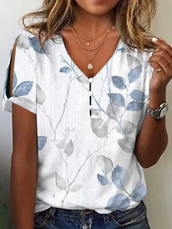 Cuello Pico Casual Hoja Estampado Camisa