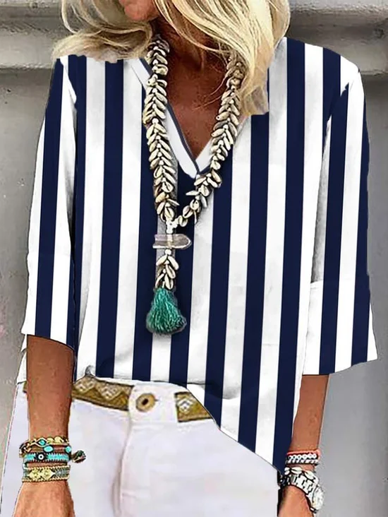 Rayas Cuello Pico Impresión Casual Camisa