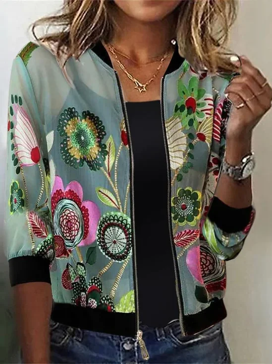 Floral Casual Otros Cremallera Chaqueta