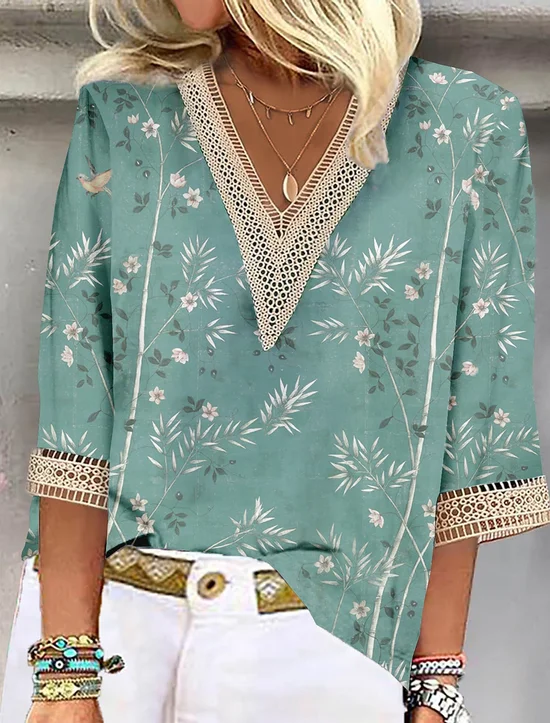 Flojo Casual Floral Cuello Pico Camisa