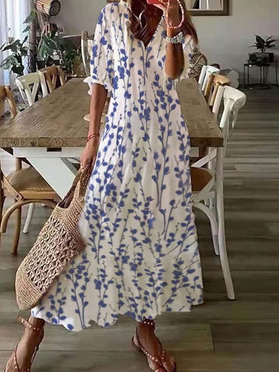 Playa Mujer Cuello Pico Flojo Azul Floral Vestido Maxi