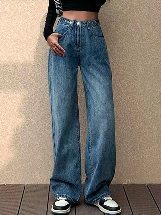 Liso Hebilla Bolsillos Mezclilla Casual Pantalones Vaqueros