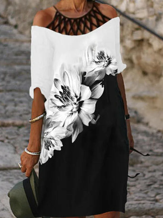 Retro Verano Diario Corto Vestido Negro Floral
