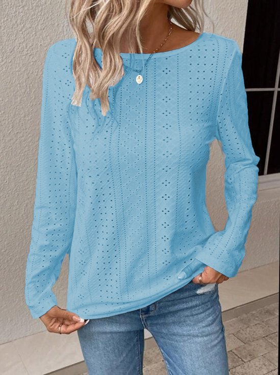 Escote Redondo Manga Larga Liso Regular Microelasticidad Flojo Camisa para Mujeres 2023