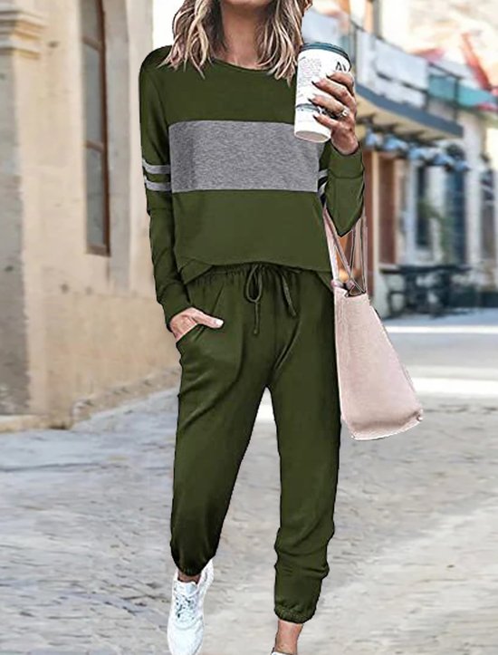 Mujeres Bloque de color Escote Redondo Manga Larga Cómodo Casual Top con Pantalones Conjunto de Dos Piezas