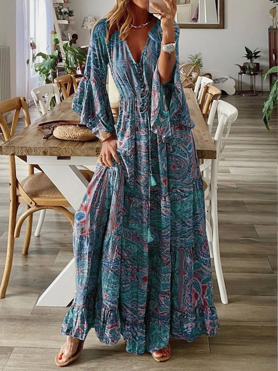 Bohémico Primavera / Otoño Vacaciones Maxi Vestido Rojo Floral