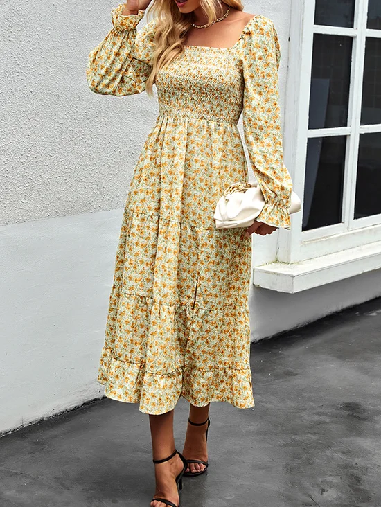 Casual Primavera / Otoño Diario Maxi Vestido Naranja pequeña Floral