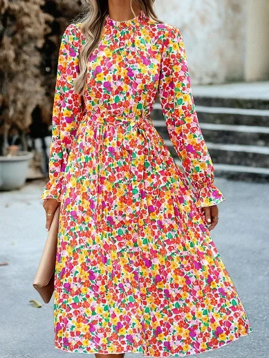Bohémico Primavera / Otoño Diario Midi Vestido Rosado Floral