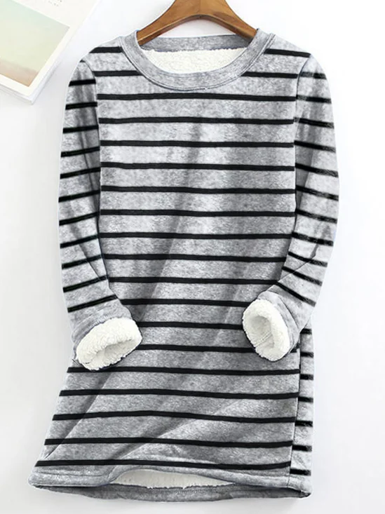 Escote Redondo Manga Larga Rayas Lana Flojo Camisa para Mujeres