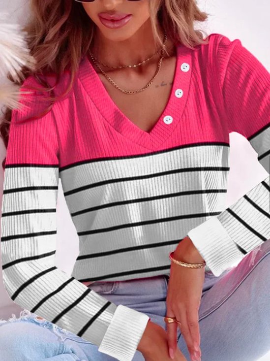 Cuello Pico Manga Larga Rayas Hebilla Regular Microelasticidad Flojo Camisa para Mujeres