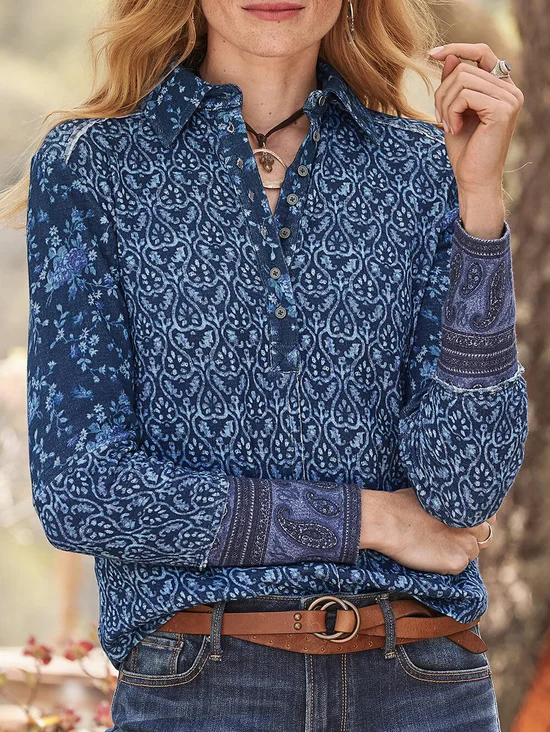 Con Cuello de Chal Manga Larga Étnico Regular Microelasticidad Flojo Camisa para Mujeres