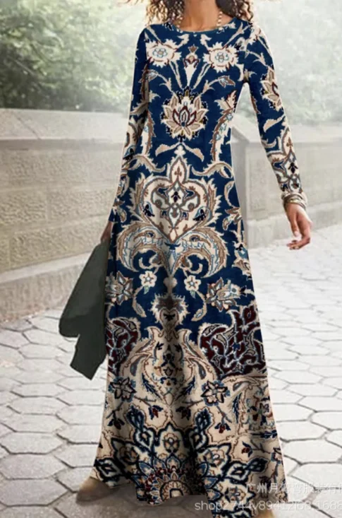 Bohémico Primavera / Otoño Diario Maxi Vestido Azul Floral