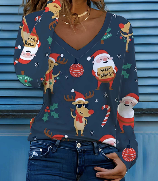 Casual Navidad Cuello Pico Manga Larga Camiseta