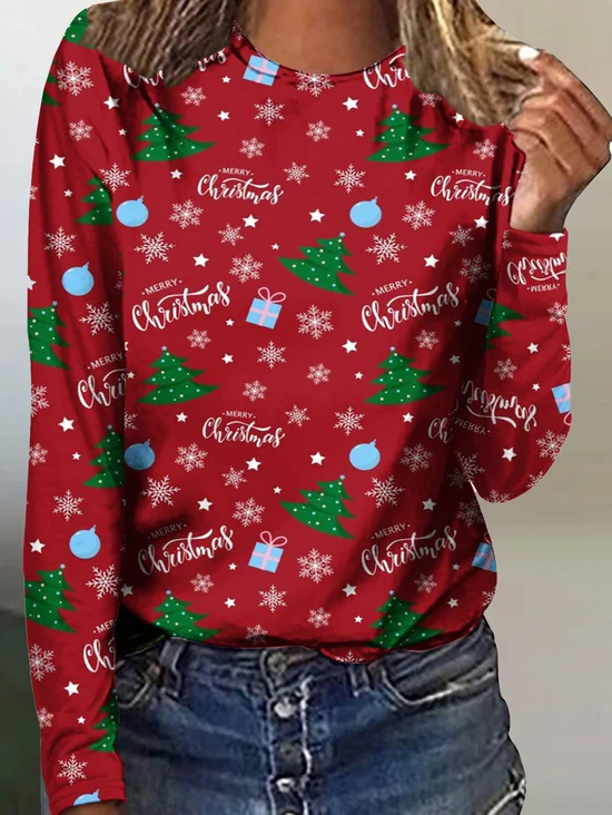 Casual Navidad Escote Redondo Manga Larga Camiseta