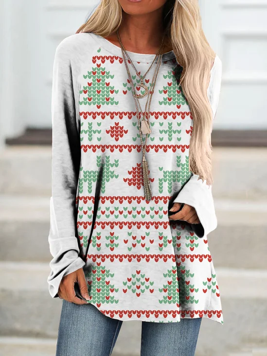 Casual Navidad Escote Redondo Manga Larga Camiseta