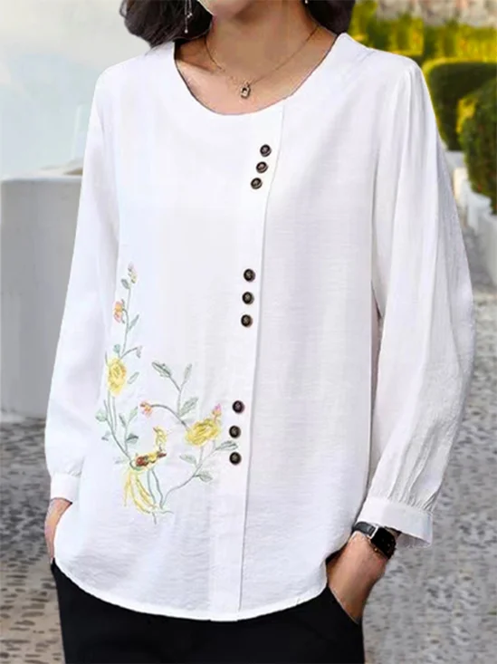 Escote Redondo Manga Larga Floral Bordado Regular Microelasticidad Flojo Camisa para Mujeres