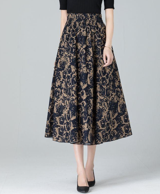 Retro Floral Patrón Línea A Cintura Alta Maxi Falda