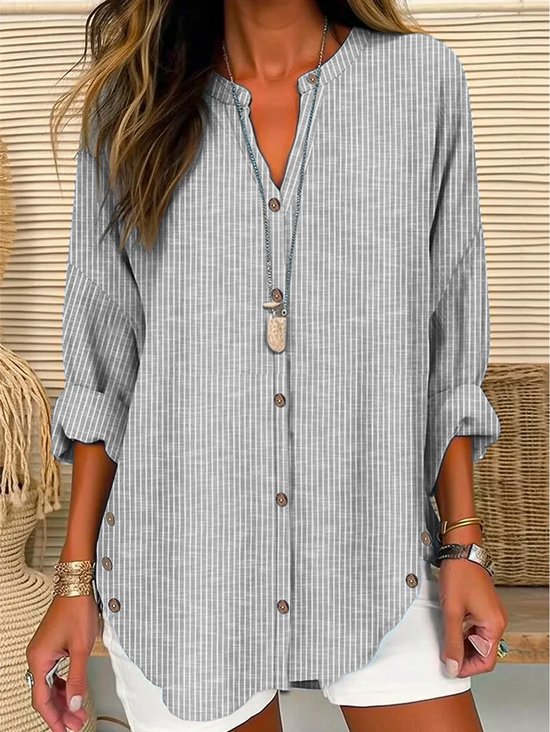 Cuello Camisero Manga Larga Rayas Hebilla Regular Flojo Túnico Blusa para Mujeres