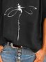 Negro Cuello Pico Estampado Casual Recto Manga Corta Camiseta