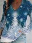 Casual Navidad Arboles Manga Larga Cuello Pico Estampado Top T-Camisa Túnico
