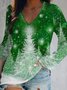 Casual Navidad Arboles Manga Larga Cuello Pico Estampado Top T-Camisa Túnico
