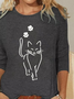 Talla Grande Escote Redondo Jersey Casual Gato Camiseta