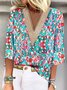 Casual Mujer Verano Floral Estampado Cuello Pico Camisa 