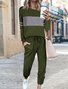 Mujeres Bloque de color Escote Redondo Manga Larga Cómodo Casual Top con Pantalones Conjunto de Dos Piezas