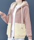 Capucha Manga Larga Bloque de color Cremallera Lana Flojo Encapuchado osito de peluche Chaqueta para Mujeres