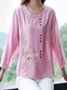 Escote Redondo Manga Larga Floral Bordado Regular Microelasticidad Flojo Camisa para Mujeres