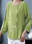 Escote Redondo Manga Larga Floral Bordado Regular Microelasticidad Flojo Camisa para Mujeres
