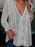 Cuello Pico Manga Larga Liso Brillo Regular Flojo Camisa para Mujeres