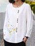 Escote Redondo Manga Larga Floral Bordado Regular Microelasticidad Flojo Camisa para Mujeres